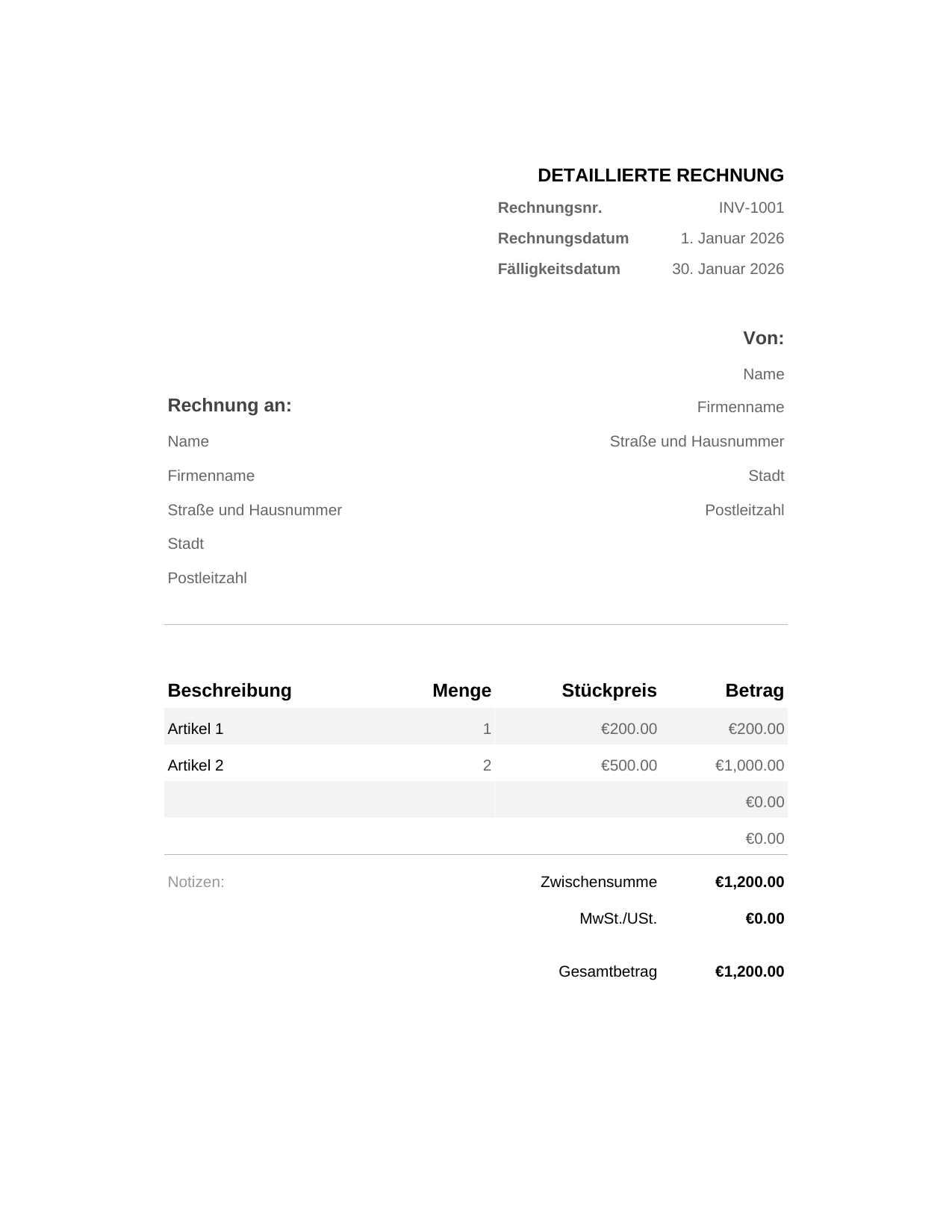 Detaillierte Rechnung Detaillierte Rechnung