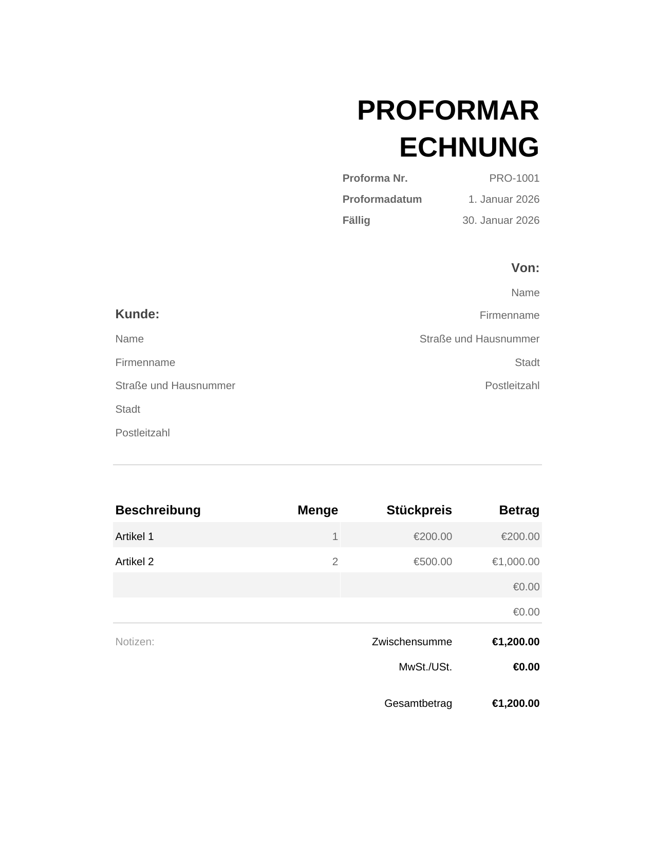Proformarechnung Proformarechnung