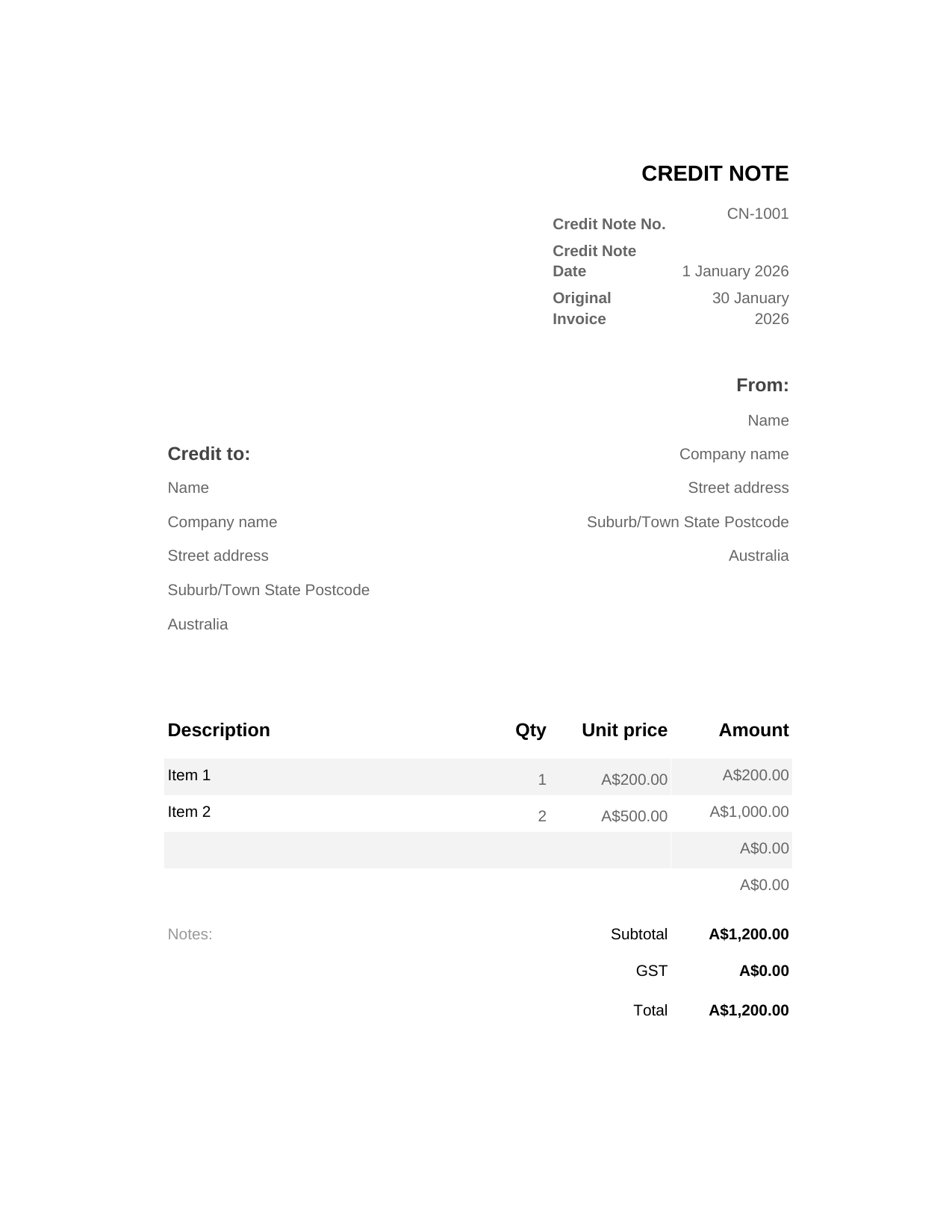 Credit Note template preview