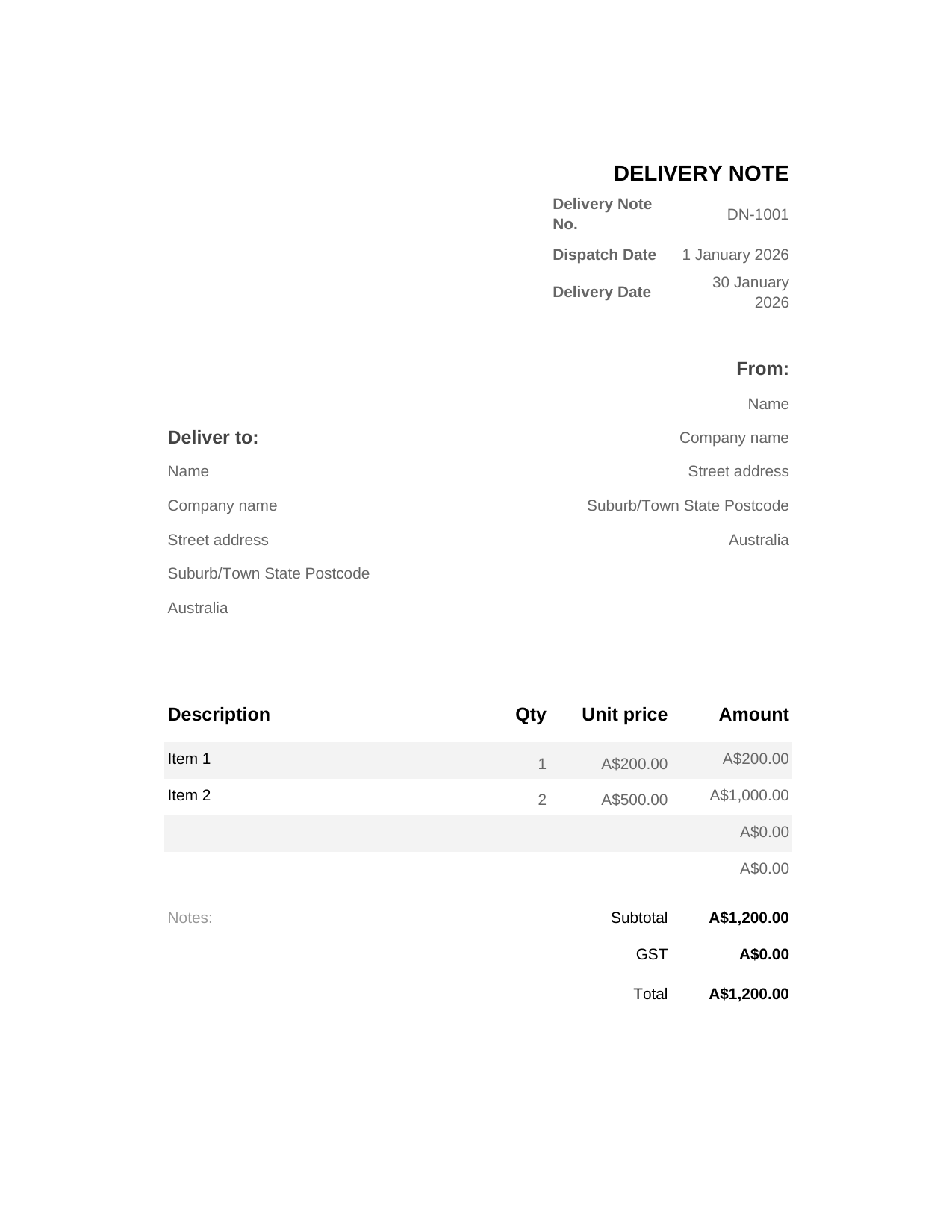 Delivery Note template preview