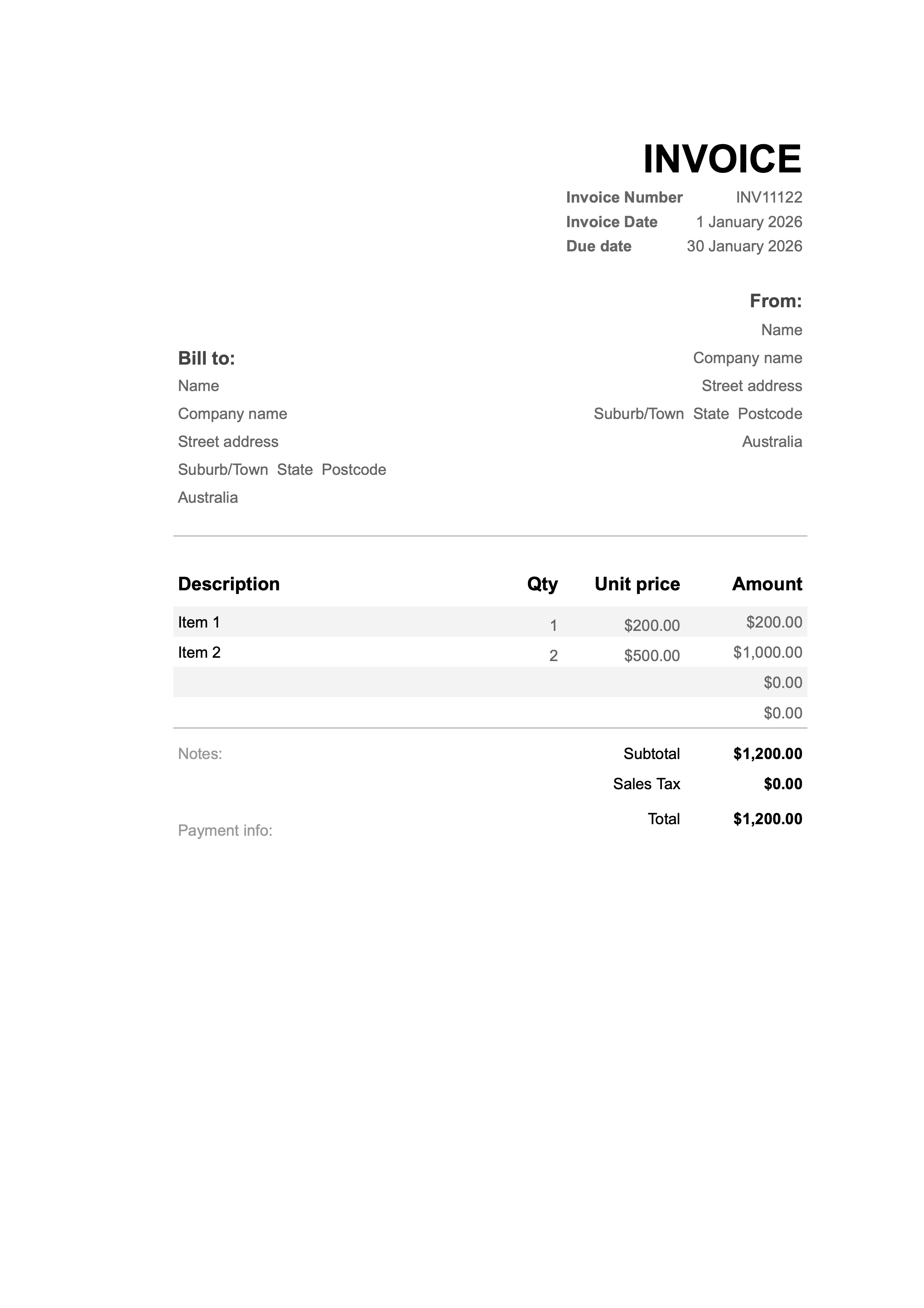 Preview of the Australia invoice template