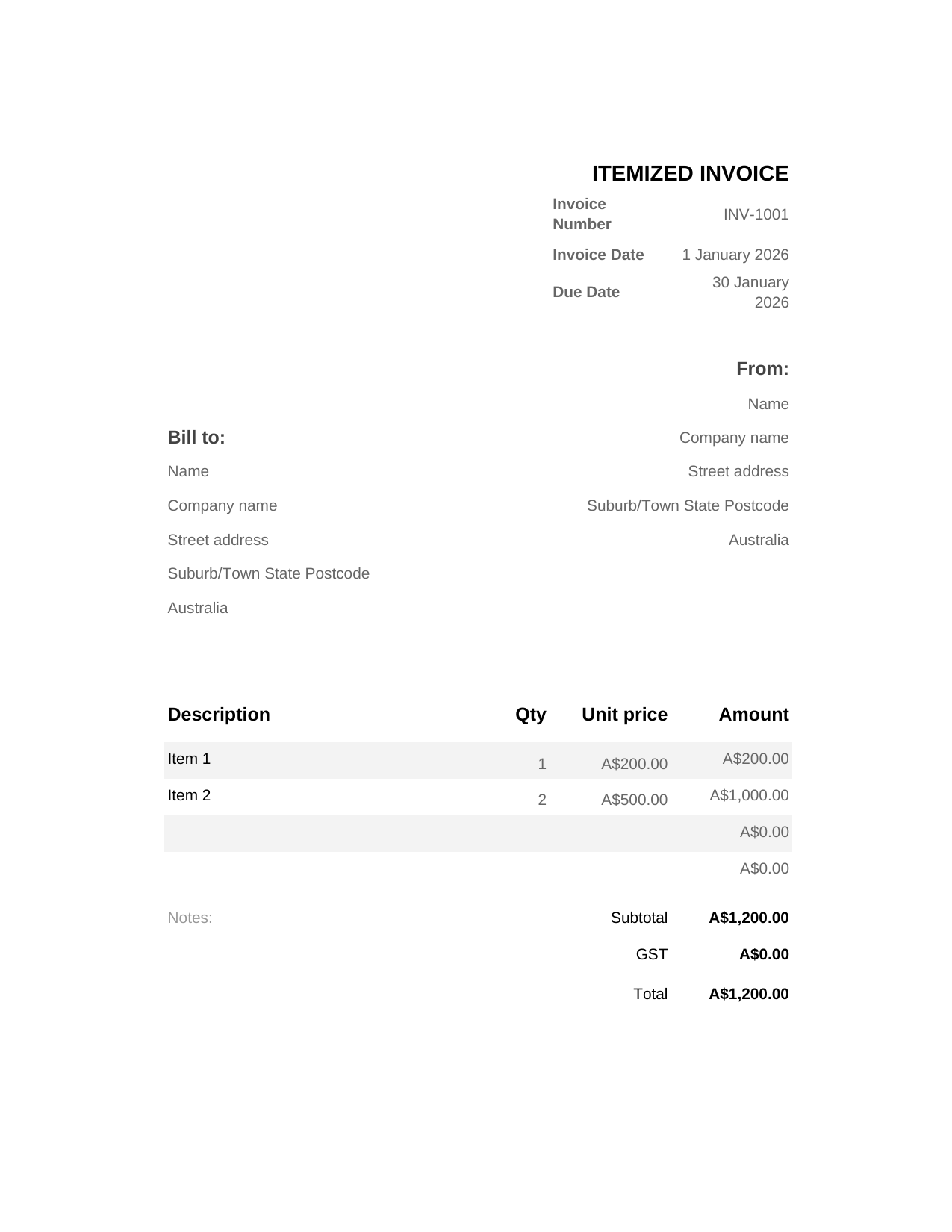Itemized Invoice template preview