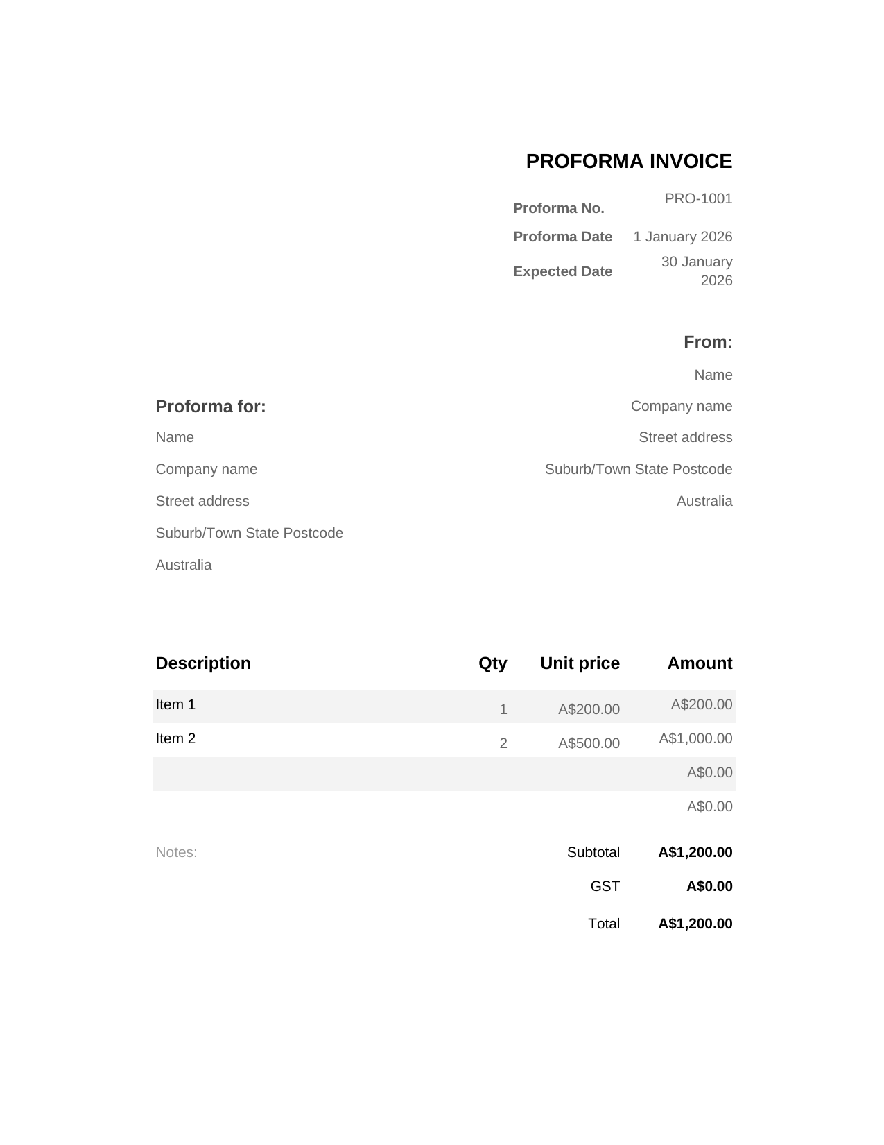 Proforma Invoice template preview