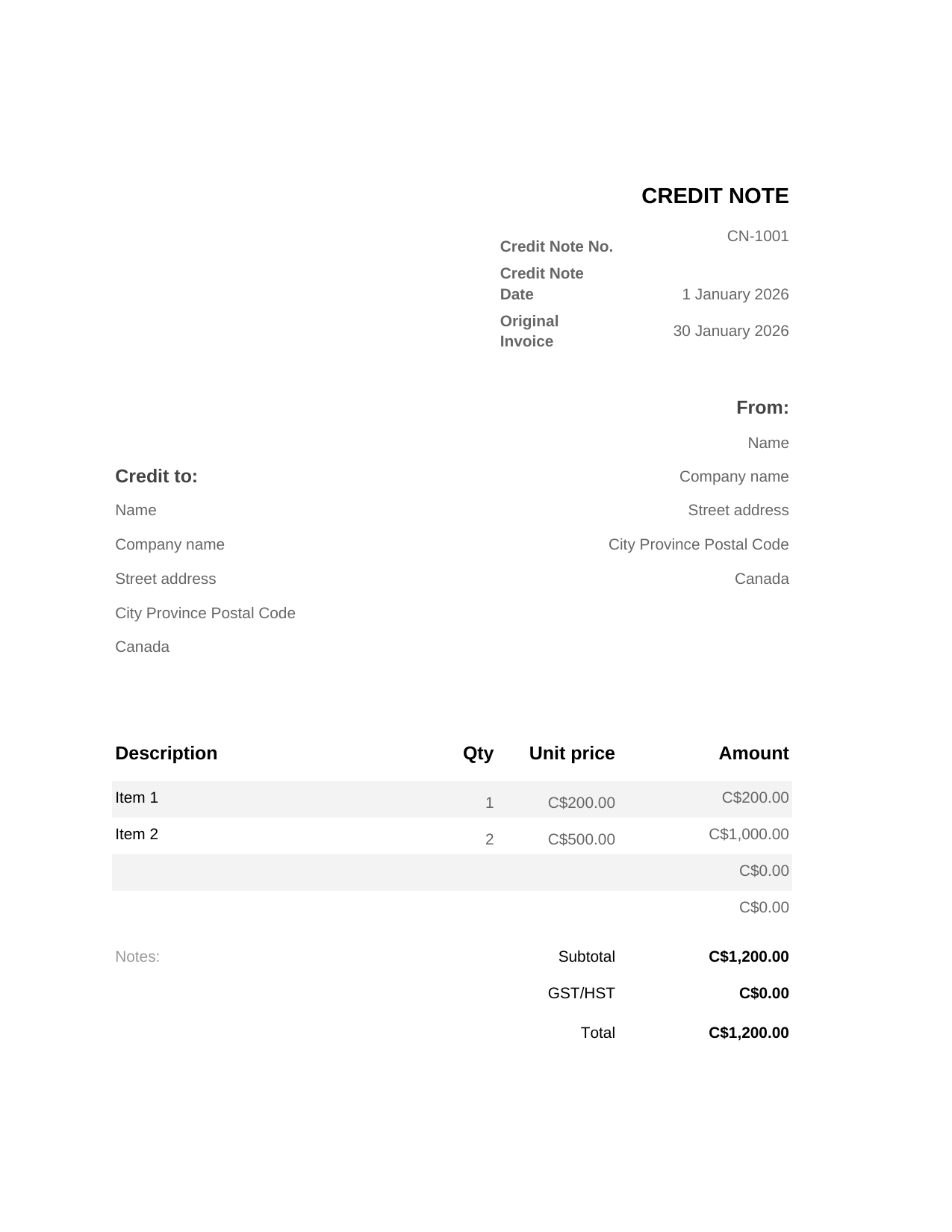 Credit Note template preview