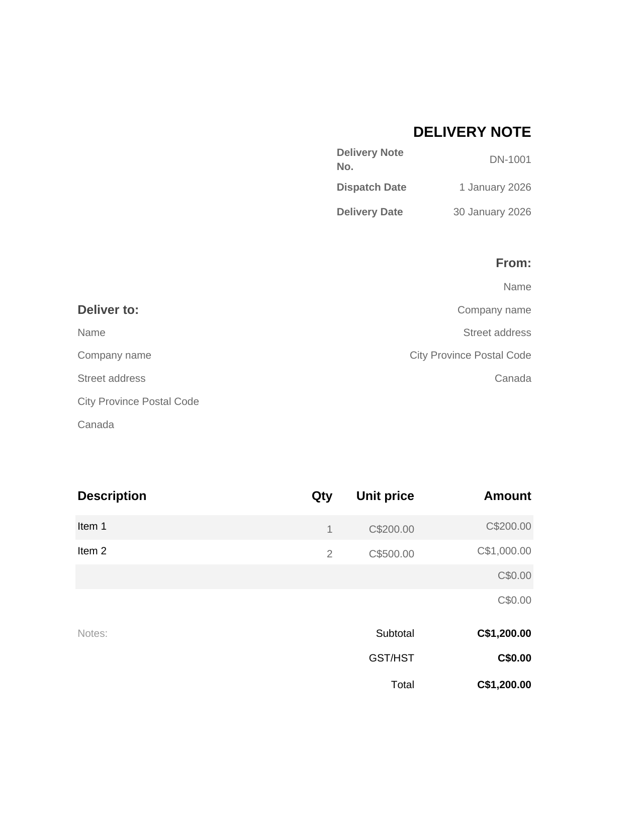 Delivery Note template preview