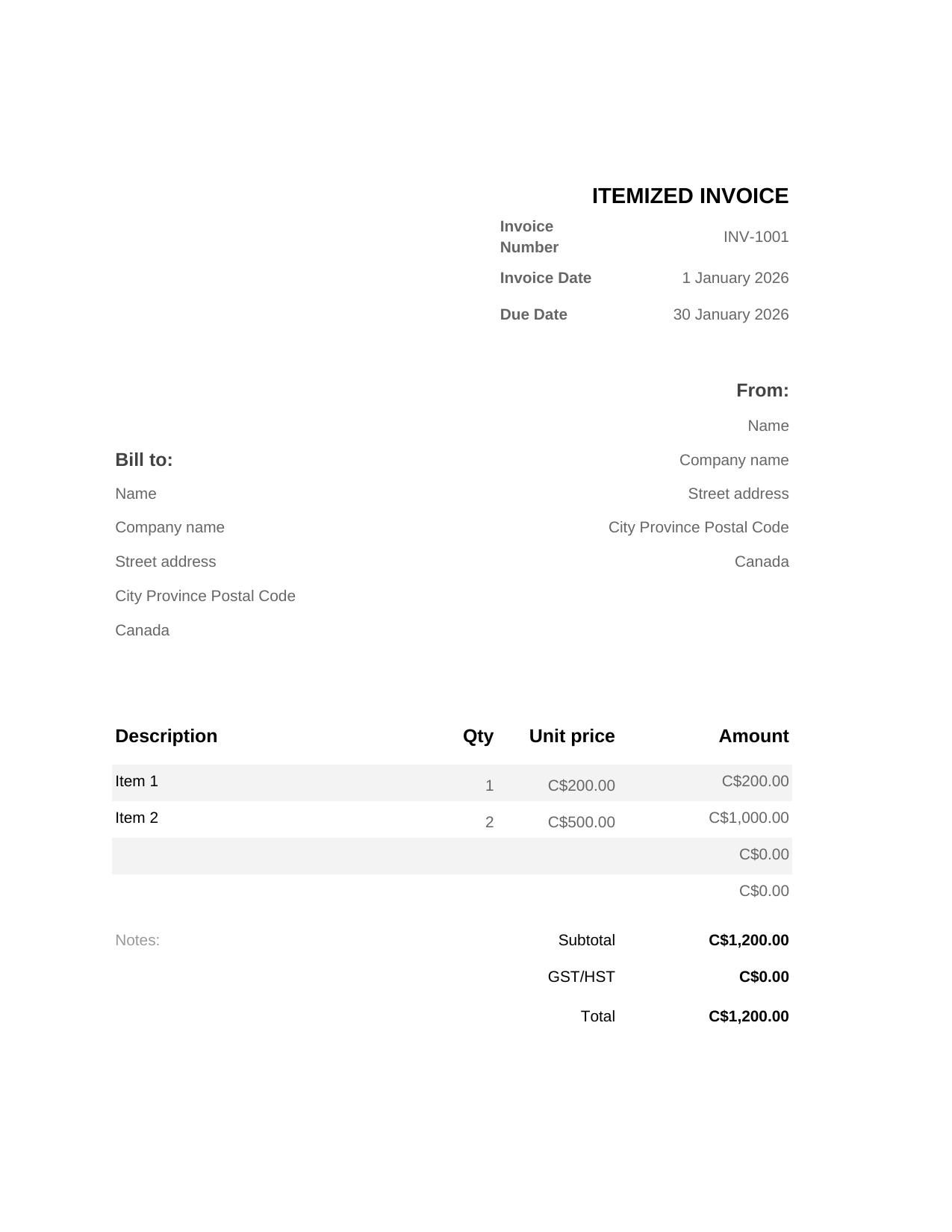 Itemized Invoice template preview