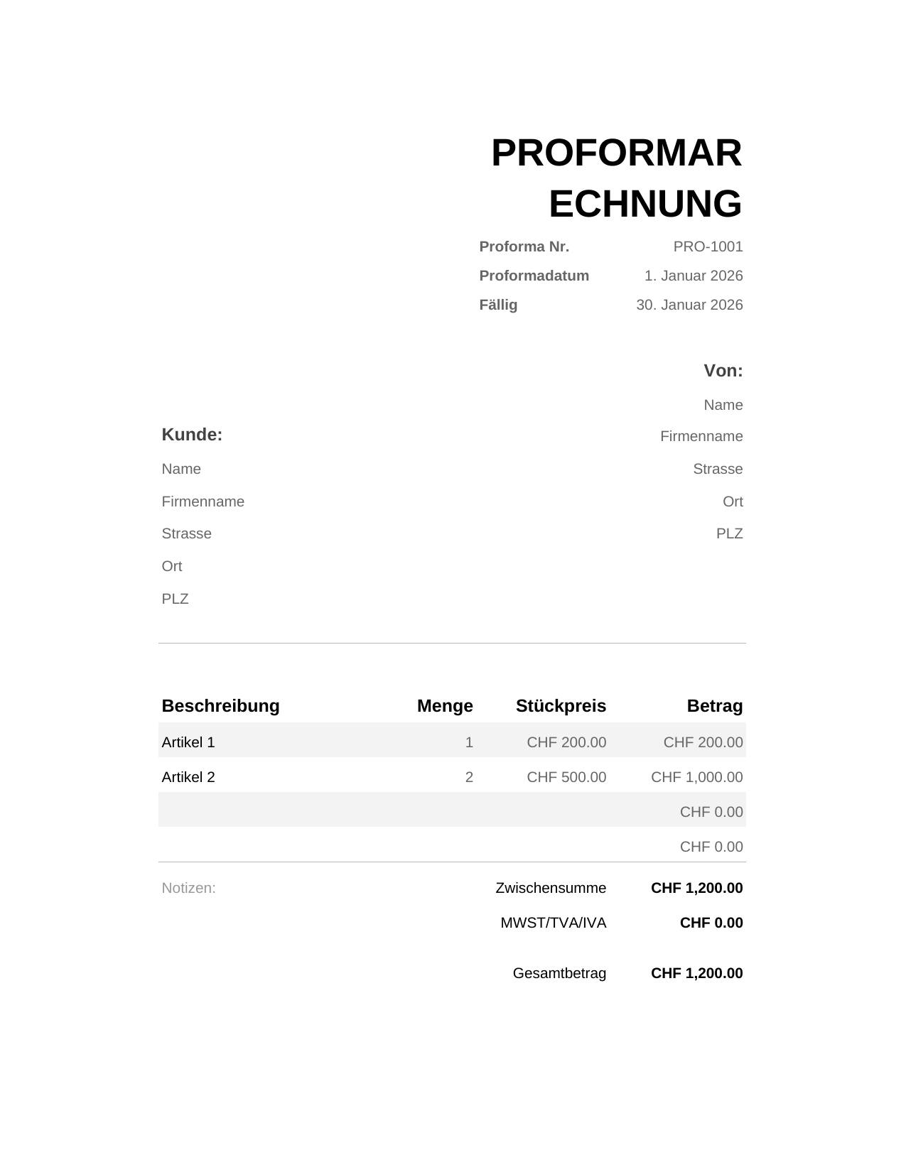 Proformarechnung Proformarechnung