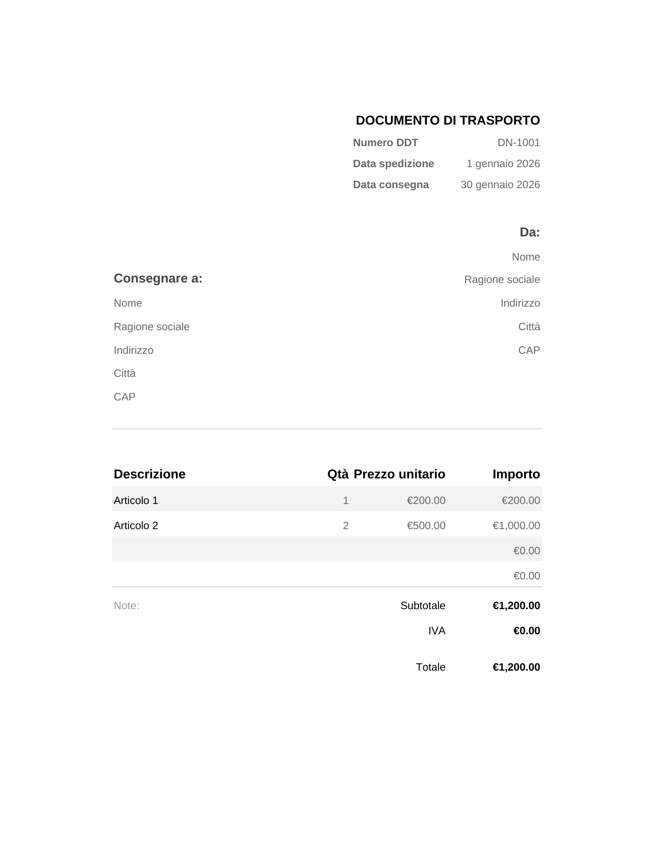 Documento di trasporto Documento di trasporto