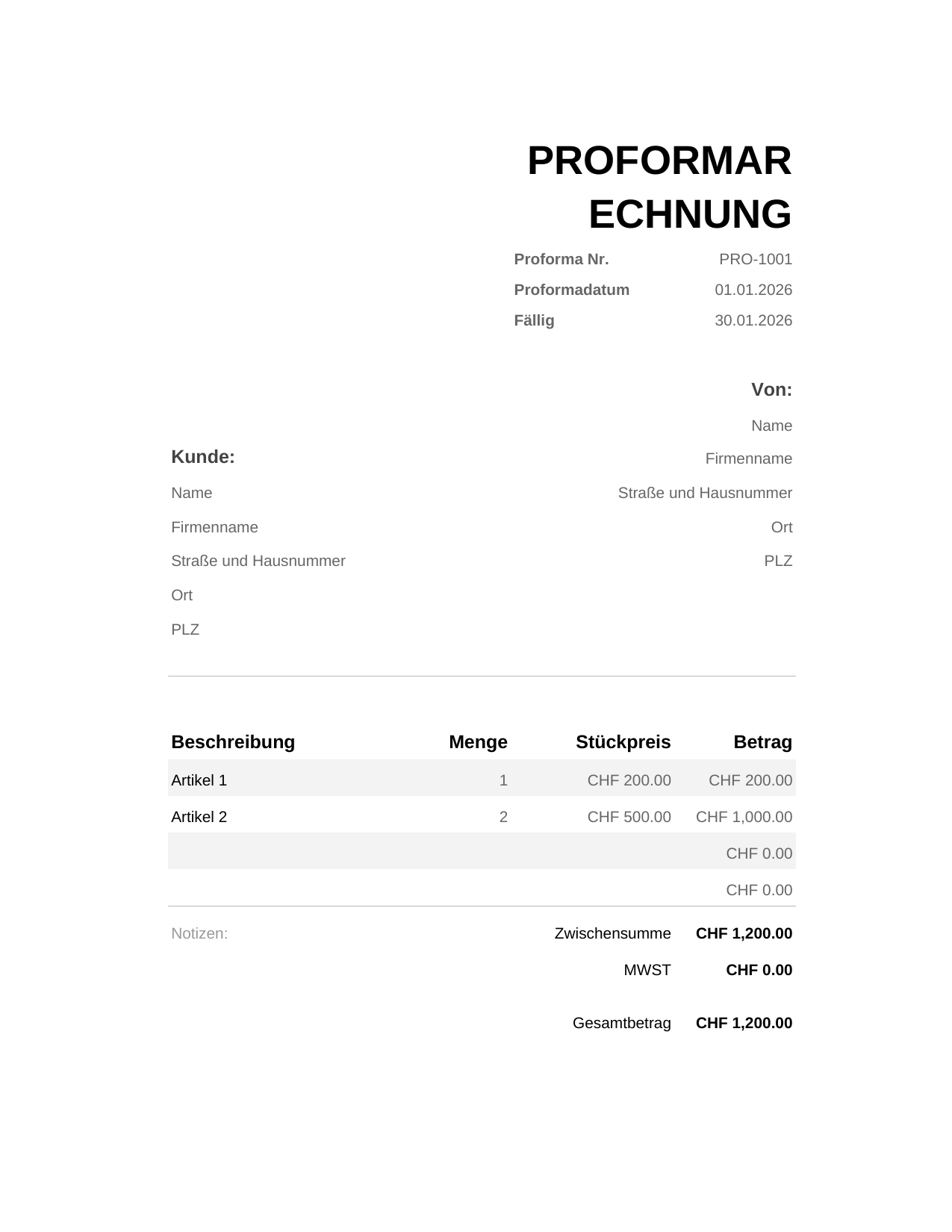 Proformarechnung Proformarechnung