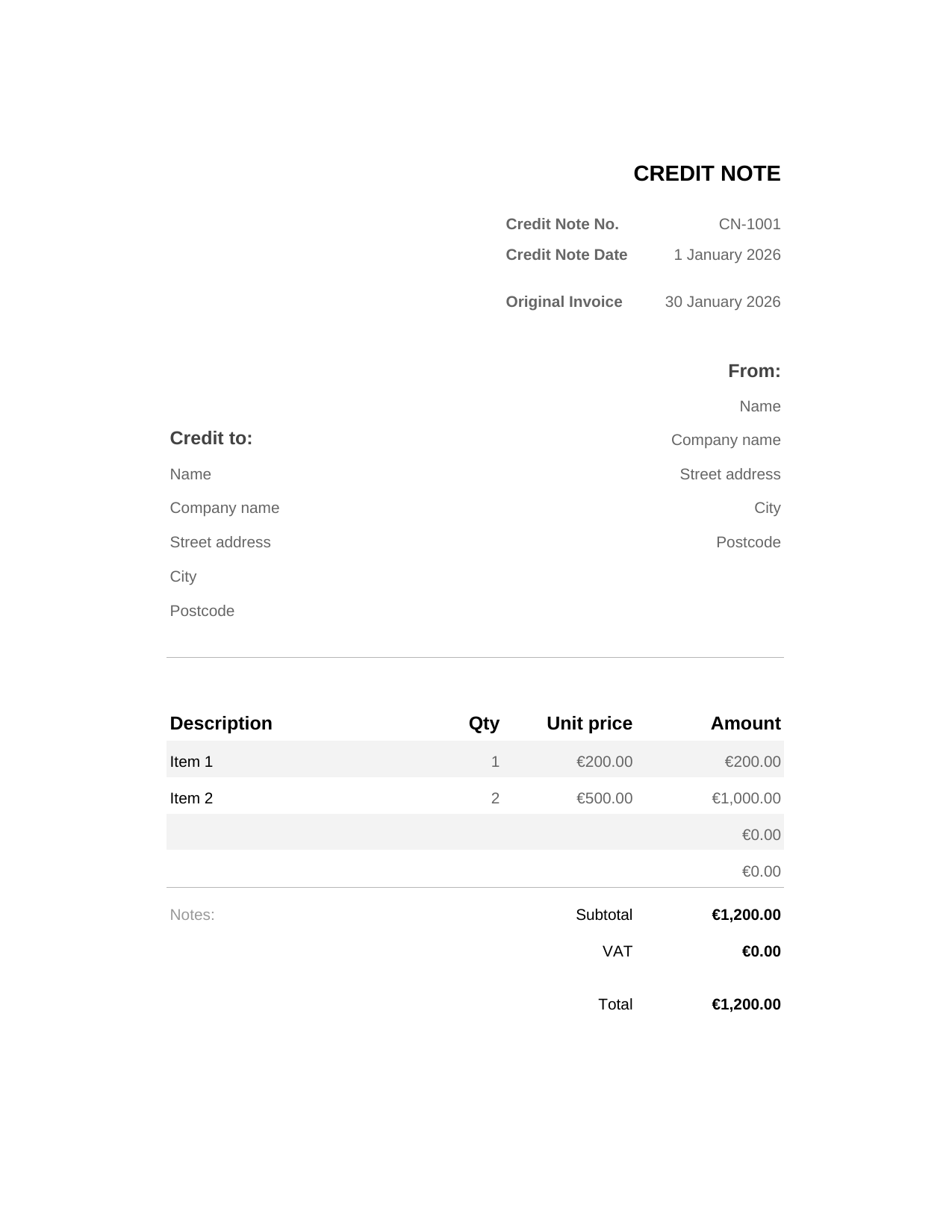 Credit Note template preview