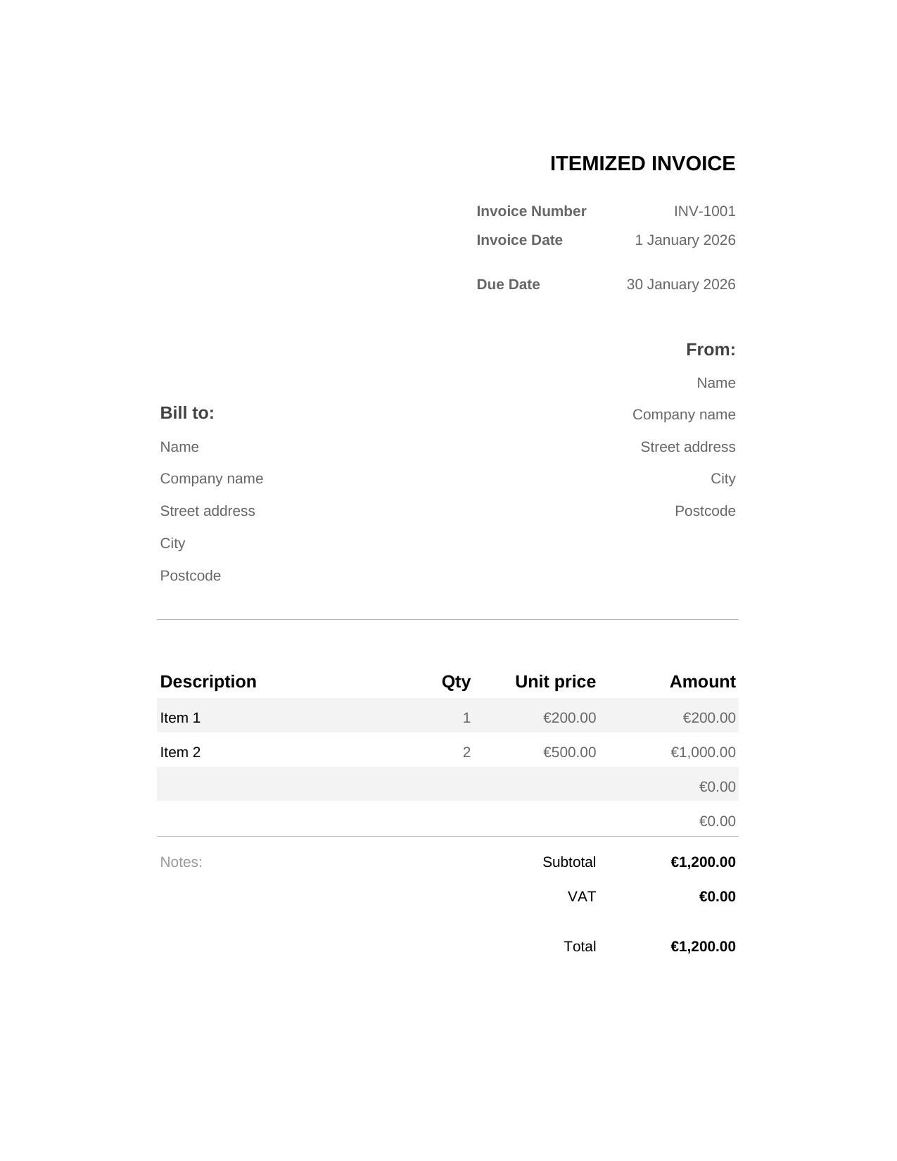 Itemized Invoice template preview