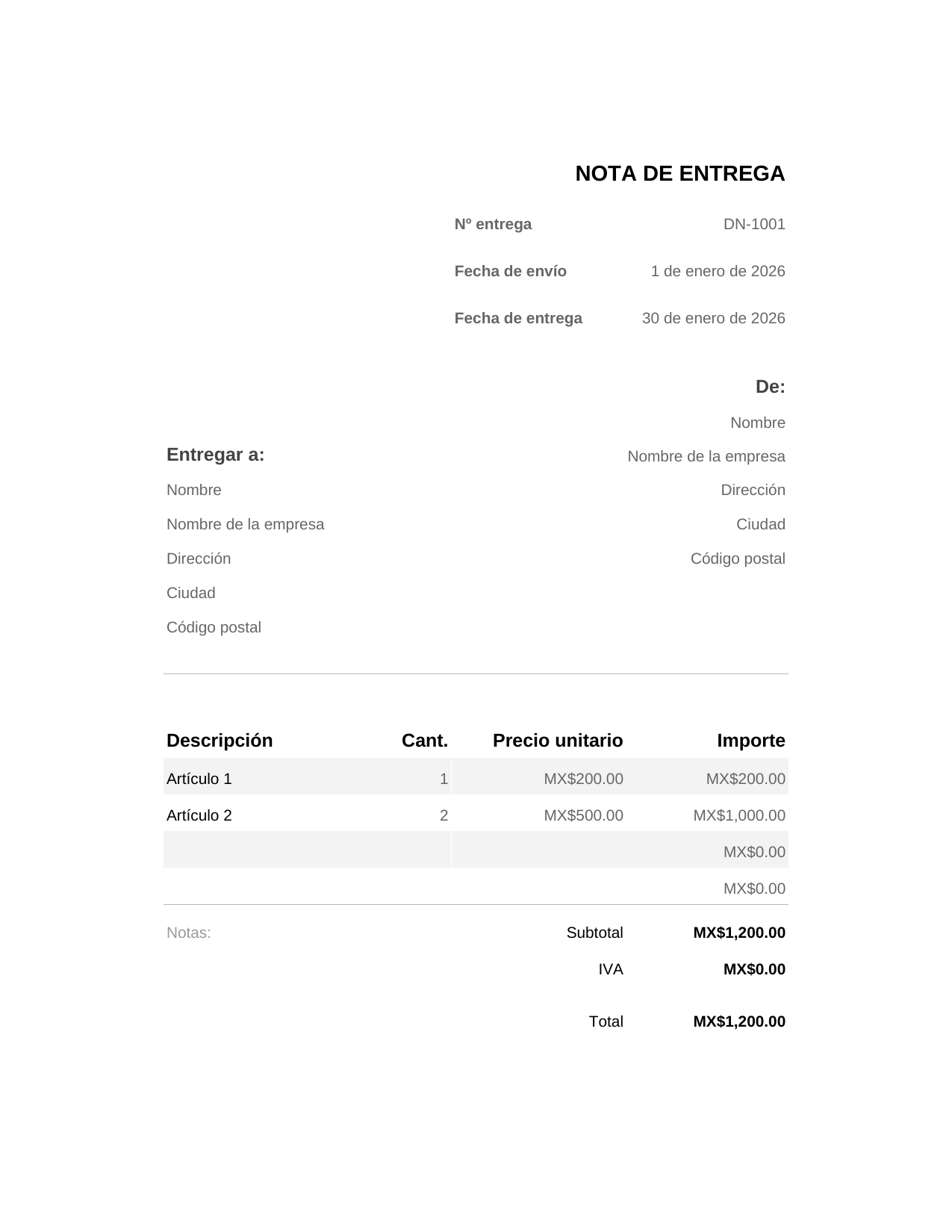 Nota de entrega Nota de entrega