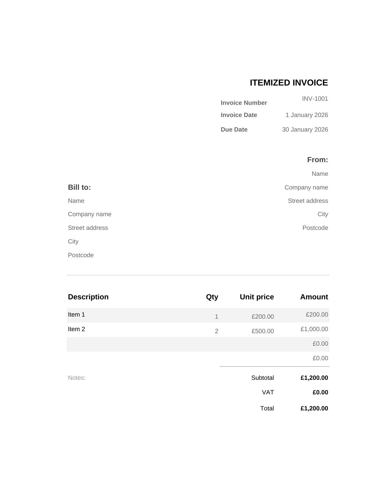 Itemized Invoice template preview