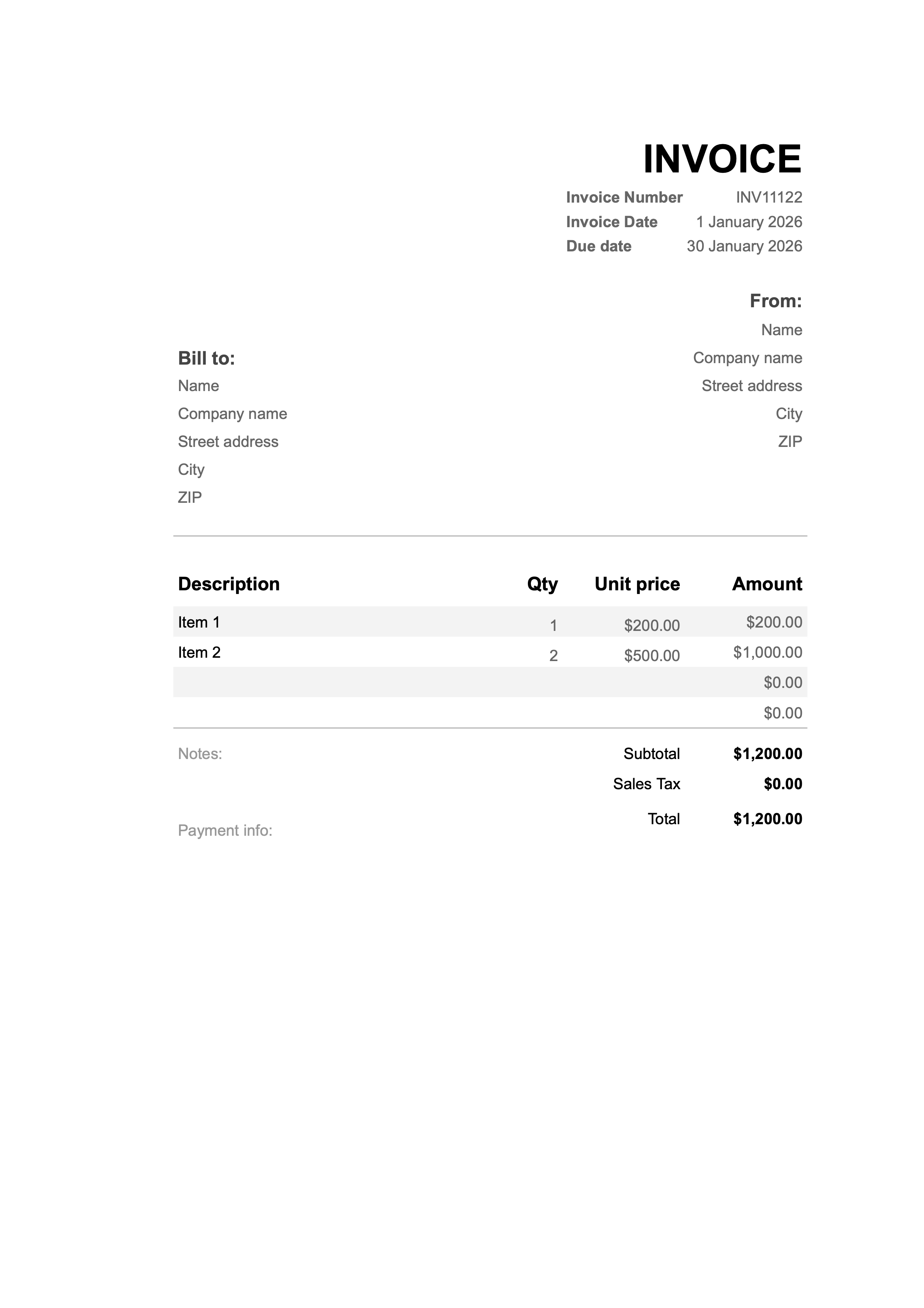 Preview of the United States invoice template