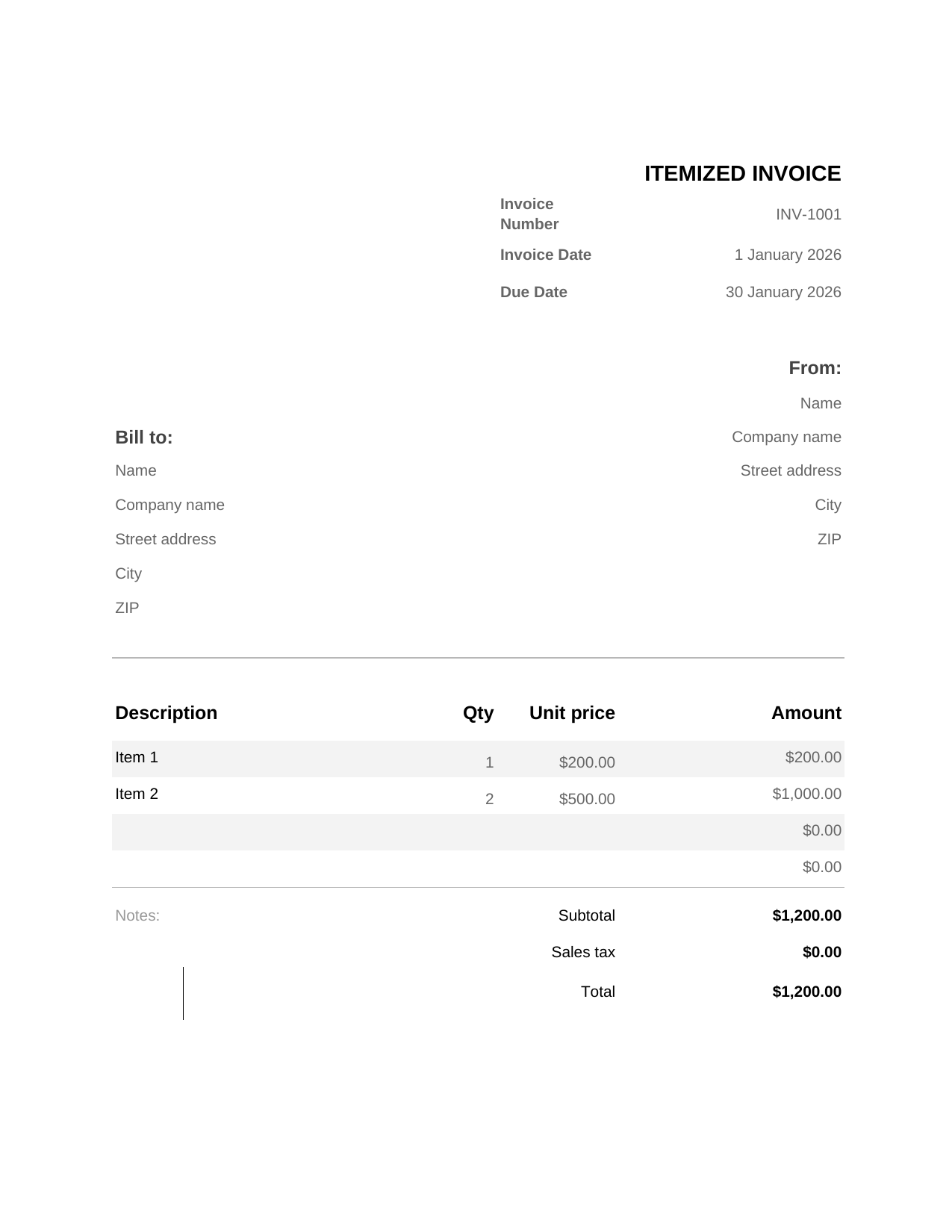 Itemized Invoice template preview